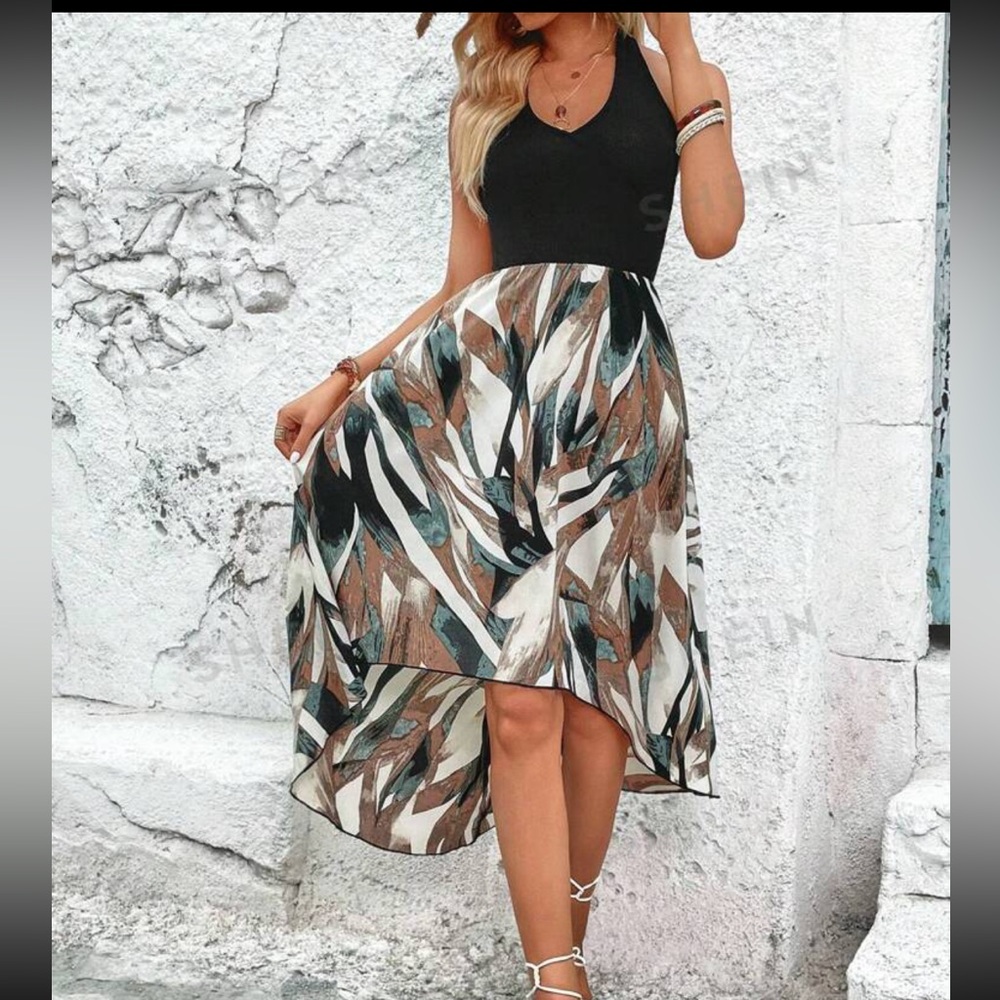 SHEIN VCAY Graphic Print Halter Neck Backless Dress